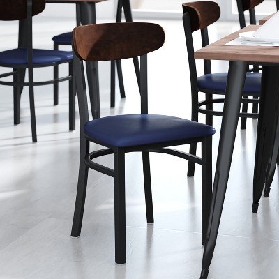 Modern Walnut Wood and Blue Vinyl Upholstered Dining Chair