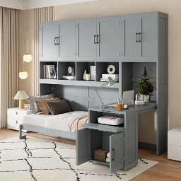 Twin Size Murphy Bed Wall Bed with Closet, Cabinets, Storage Shelves and Desk, White/Gray-ModernLuxe