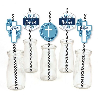 Big Dot of Happiness Baptism Blue Elegant Cross - Paper Straw Decor - Boy Religious Party Striped Decorative Straws - Set of 24