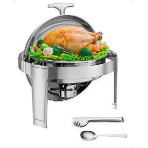 Roll Top Chafing Dish Buffet Set, 6 Qt Stainless Steel Chafer with 1 Full Size Pan, Round Catering Food Warmer Server with Lid Water Pan Fuel Holder - 1 of 4