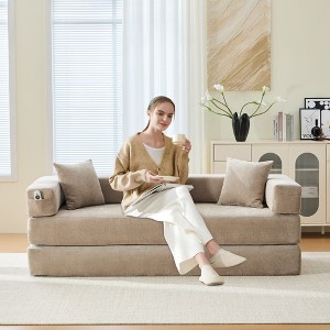 CAVINAS Modern Folding Chenille Futon Sofa Bed with Removable Foam & Pillows,Convertible Floor Sofa Couch for Living Room,Bedroom - 1 of 4