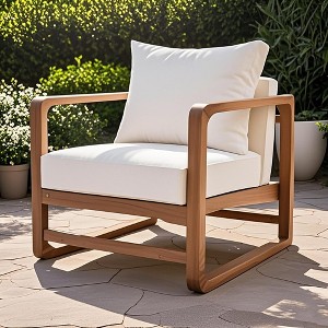 Outdoor Lounge Chair, Acacia Wood Club Chair, Oversized Seat with White Cushion Set - 1 of 4