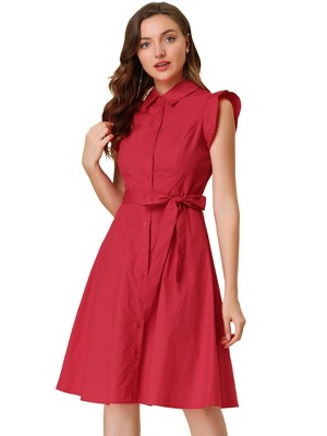 Allegra K Women's Cotton Ruffled Cap Sleeve Tie Waist Button Casual Office Shirt Dress