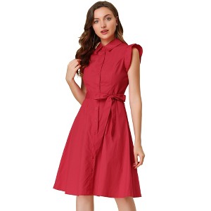 Allegra K Women's Cotton Ruffled Cap Sleeve Tie Waist Button Casual Office Shirt Dress - 1 of 4