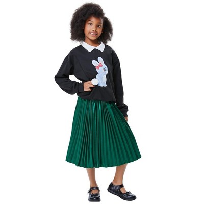 Kids Solid Pleated Skirt Below the Knee Girls Satin Skirts