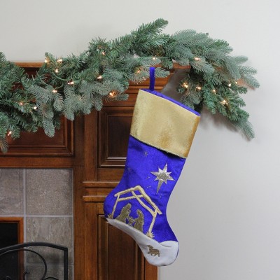 20.5" Blue and Gold Nativity Scene Christmas Stocking with Velveteen Cuff