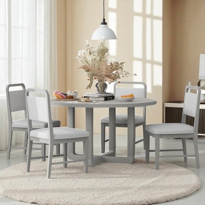 5-Piece Round Dining Table Set for 4 with Upholstered Chairs, Retro Solid Wood Kitchen Table Set with Radial Wood Grain Top for Dining Room