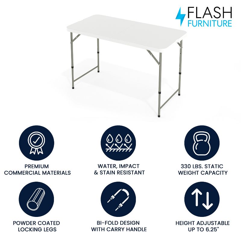 Flash Furniture Elon 4-Foot Height Adjustable Bi-Fold Granite White Plastic Folding Table, 2 of 13