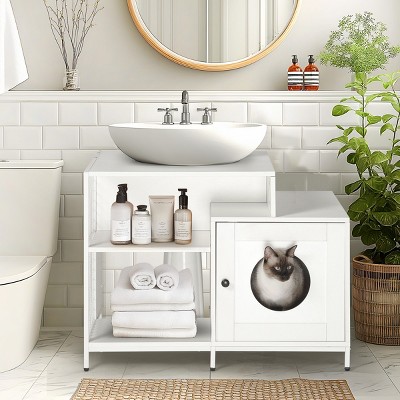 Cat Litter Box Enclosure For Bathroom, Hidden Litter Pet Washroom With Divider, Indoor Cat House For Large Cats-Cuddlewood