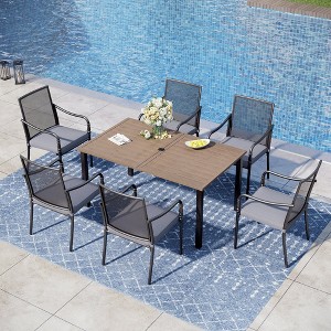 Captiva Designs 7pc Outdoor Dining Steel Table with Umbrella Hole & Metal Frame Arm Chairs - 1 of 4