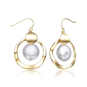 Guili Sterling Silver 14K Yellow Gold Plated Earrings with White Freshwater Pearl, Concentric Halo Drop Design for Radiant Glamour - 1 of 2