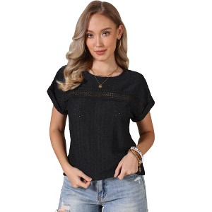INSPIRE CHIC Women's Eyelet Short Sleeve Round Neck Hollow Out Summer Dressy Casual Blouses - 1 of 4