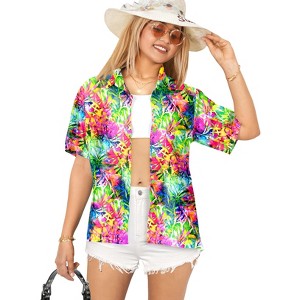 LA LEELA Hawaiian Shirts Womens Casual Summer Button Down Holiday Beach Shirt Blouse Short Sleeve Vacation Shirts Tank Top Women - 1 of 4