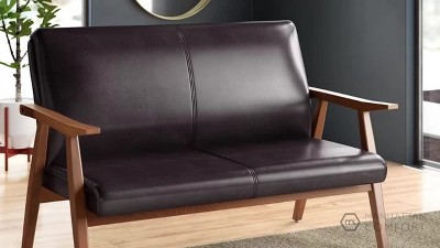 Black Faux Leather Mid-Century Modern Loveseat with Wood Frame
