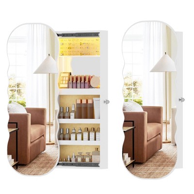 Fredees Jewelry Armoires with LED Lights, Hanging Lockable Wavy Mirror Cabinet & Jewelry Organizer, Frameless Mirror with Storage