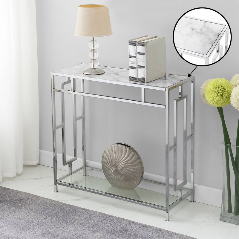Town Square Chrome Faux Marble Glass Hall Table with Shelf White Marble/Glass/Chrome - Breighton Home, 2 of 6