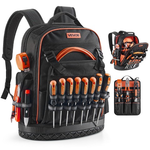VEVOR Tool Backpack, 64 Pockets, Heavy-duty Tools Storage Organizer Work Bags with Laptop Compartment & Molded Base, Black+Orange