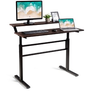 Costway Standing Desk Crank Adjustable Sit to Stand Workstation with Monitor Shelf Brown\Black - 1 of 4