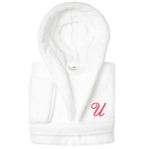 Personalized Linum Kids 100% Polyester SUPER PLUSH Double Brushed Hooded Bathrobe in Pink Script Font - 1 of 3