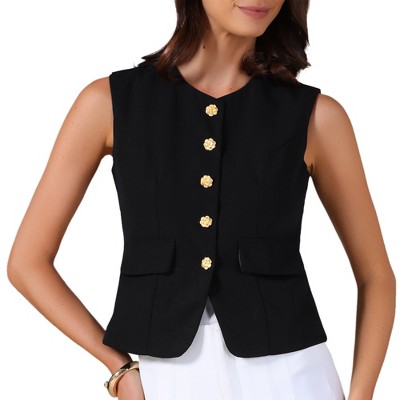 INSPIRE CHIC Women's Round Neck Sleeveless Floral Button Business Casual Suit Vest