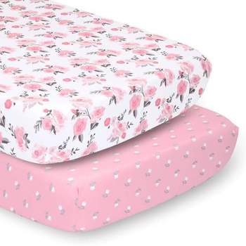 The Peanutshell Fitted Crib Sheets - Pink Roses and Ditsy Floral - 2pk