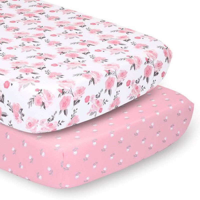 The Peanutshell Fitted Crib Sheets - Pink Roses and Ditsy Floral - 2pk, 1 of 8