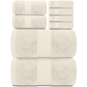 White Classic Luxury 100% Cotton 8 Piece Towel Set - 4x Washcloths, 2x Hand, and 2x Bath Towels - 1 of 4