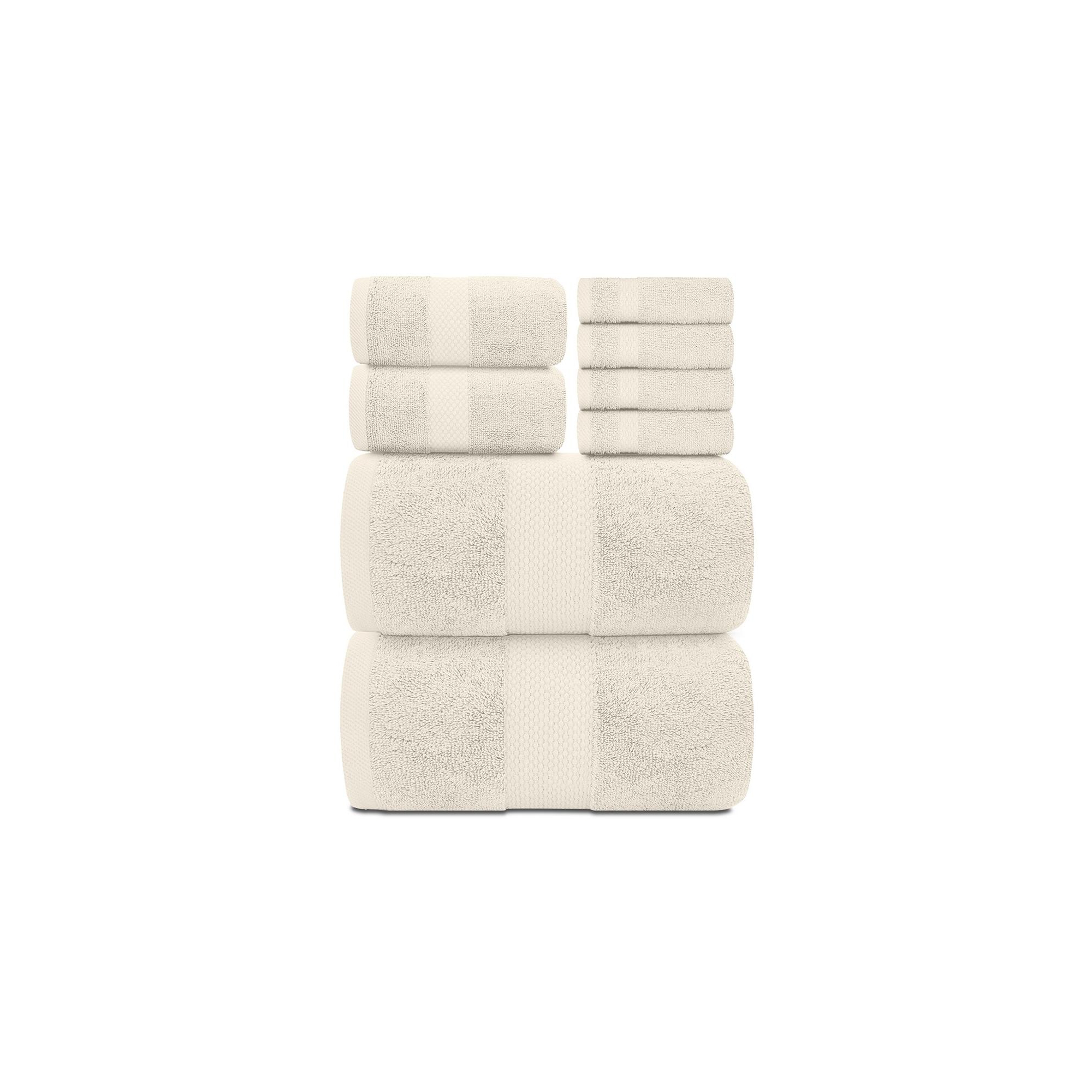 White Classic Luxury 100% Cotton 8 Piece Towel Set - 4x Washcloths, 2x Hand, and 2x Bath Towels - Ivory