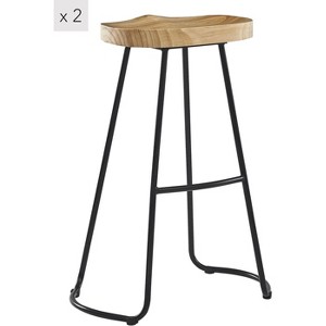 Set of 2 Metal and Ash Wood Bar Stool, Exotic Boho , Dining Room, GRIS - 1 of 4