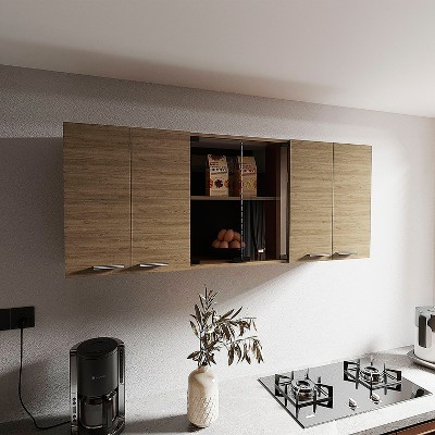 Vynxaria Modern Wall Cabinet with Glass, Four Interior Shelves, Two Double Doors, Natural Oak