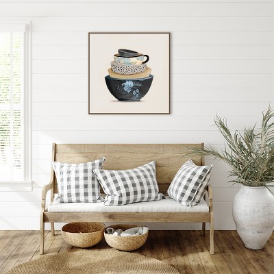 Stacked Blue and Beige Bowls Framed Canvas Wall Art