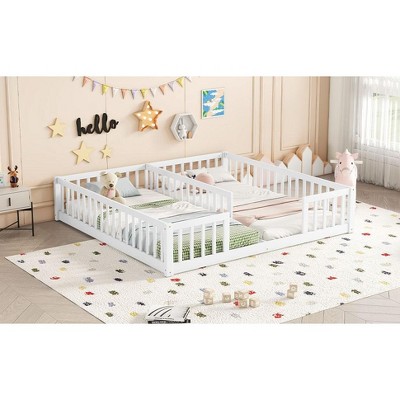 NicBex Double Twin Size Wood Montessori Bed,Floor Bed with Safety Guardrails,Modern Toddler Bed for Bedroom