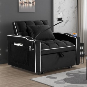 Velvet Foldable Sofa Bed with Adjustable Back, Pull-Out Bed & USB Port - 1 of 4