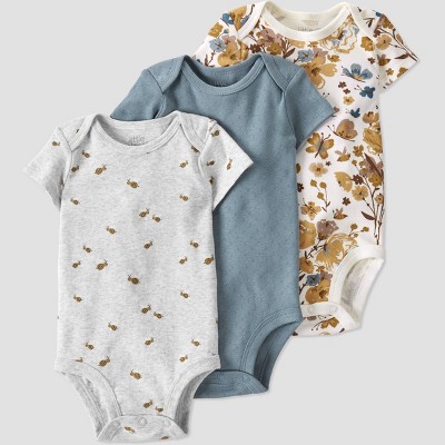 Baby Girls' 3pk Organic Cotton Ochre Floral Bodysuit - little planet by carter's Gray/Gold/Blue 6M
