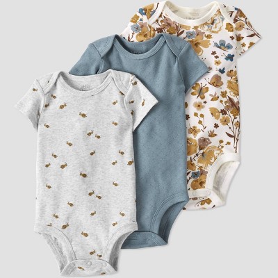 Image of Baby Girls' 3pk Organic Cotton Ochre Floral Bodysuit - little planet by carter's Gray/Gold/Blue 9M