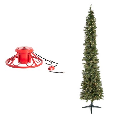 Home Heritage 1-1.75" Christmas Tree Base Rotating Metal Stand with Stanley 9' Skinny Pencil 500 Pre-Lit White Clear Lights Artificial Christmas Tree