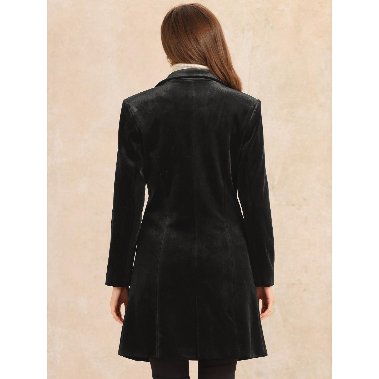 Женские куртки Allegra K Velvet Lapel Double Breasted Long Outerwear Winter Coats Medium Black, цвет: Чёрный — фото 3