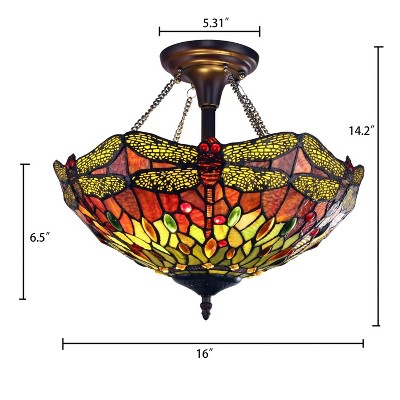 Empress Dragonfly Tiffany-Style Bronze Semi-Flush Pendant Light