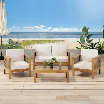 Okak Patio Accent Chairs with Wicker Frame,Set of 1/3,Upholstered Outdoor Armchair Acacia Club Chair for Backyard,Patio&Garden,400lbs Max