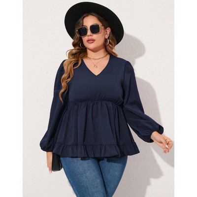 YesFashion Women's Plus Size Blouses V Neck Puff Sleeve Babydoll Tunic Long Sleeve Chiffon Casual Tops Ruffle Shirts