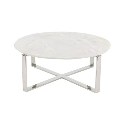 Round Marble Coffee Table with Stainless Steel Base White - Olivia & May