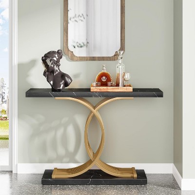 Gold and Black Faux Marble Console Table with Geometric Metal Legs