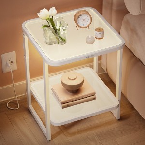 Cloud White & Pearl White End Table - 2 - Tier Side Table with LED Lights. Modern Nightstand with Frosted Glass and Bottom Shelf for Bedroom - 1 of 4