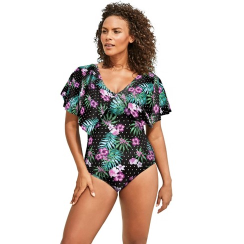 Swim 365 Women's Plus Size Flutter-Sleeve One-Piece - 30, Hibiscus Dot