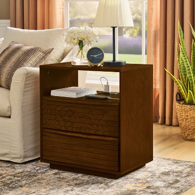 Vynxaria Mid Century Modern Nightstand with Charging Station & Outlet Hole, Louver Design  End Table for Living Room Reception Room Dorm, Walnut