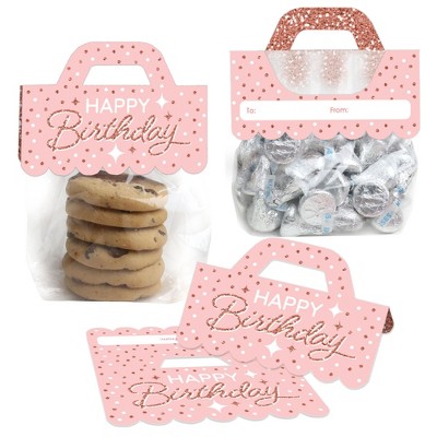 Big Dot of Happiness Pink Rose Gold Birthday DIY Happy Birthday Party Clear Goodie Favor Bag Labels Candy Bags with Toppers Set of 24