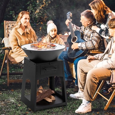 Black Galvanized Metal Outdoor Fire Pit with Grill and Log Rack