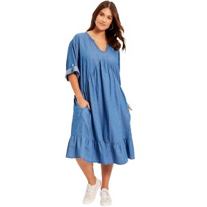 June + Vie by Roaman's Women's Plus Size Ruffled Denim Dress - 1 of 4