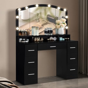 USIKEY 43.3" Vanity Desk with Large Lighted Mirror, Makeup Vanity Table with 7 Drawers & 10 Lights Bulbs, 3 Lighting Colors - 1 of 4