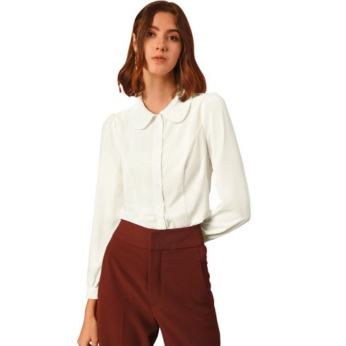 Unique Bargains Women's Peter Pan Collar Long Sleeve Work Office Shirt L  Cream White 